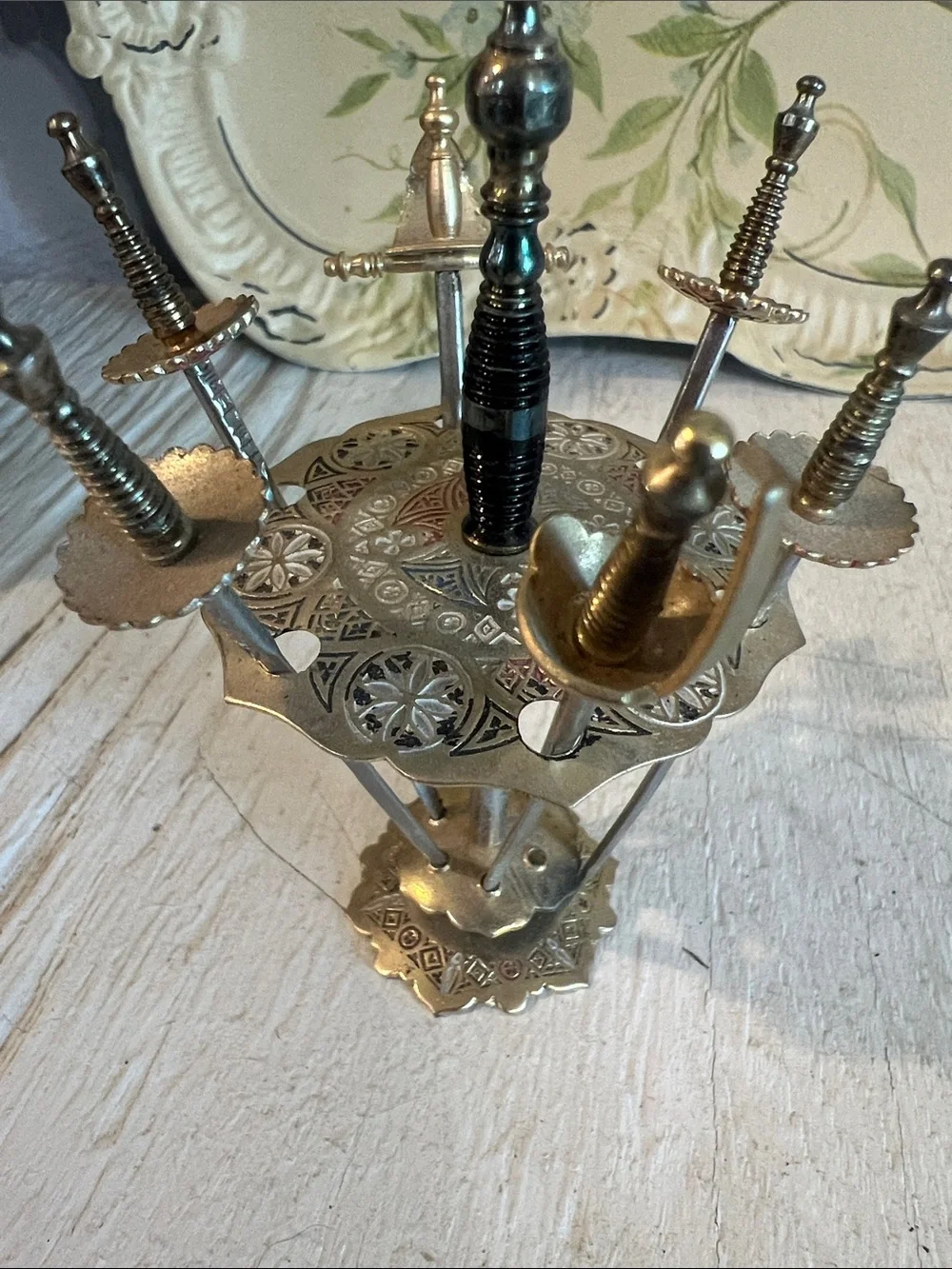 Vintage Mid-Century Barware Decorative Skewer Stand with Sword Picks -
